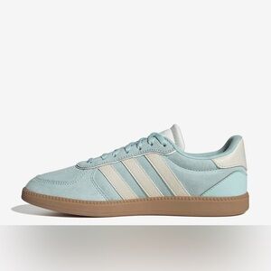 adidas Women's Suede Sneaker in Light Aqua with Cream Stripes